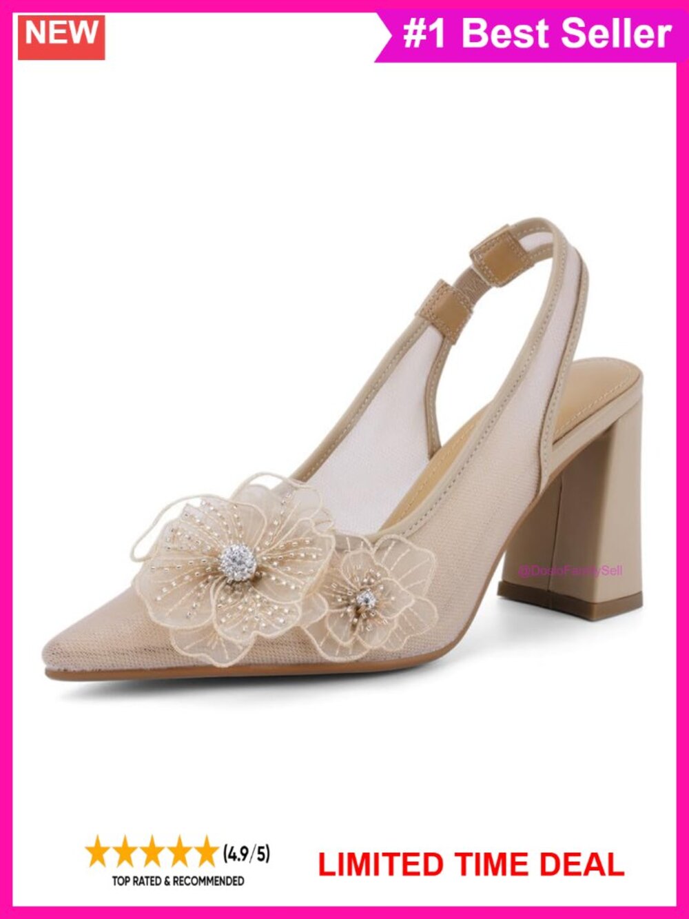 Floral Lace Mesh Slingback Pointed Toe Block Heel Pumps for Women